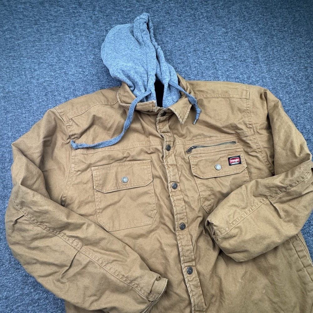 Wrangler Workwear Jacket Mens Brown Hooded Chore Coat Quilt Lined Snap Zip Sz L